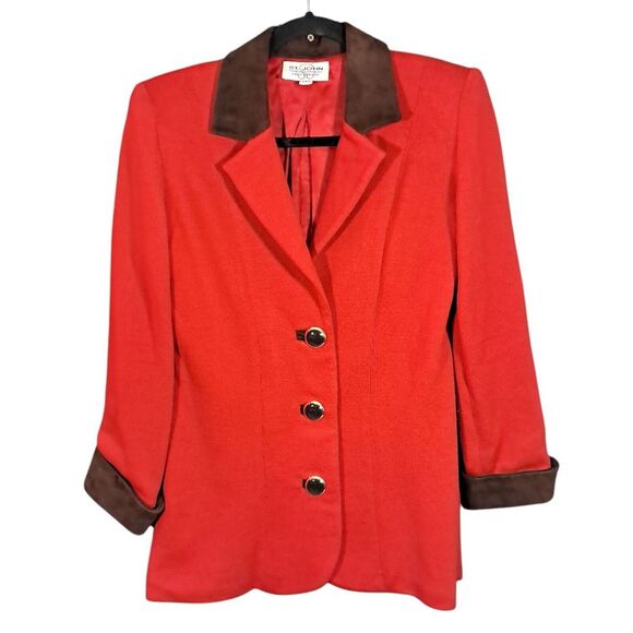 Vintage Red St John Knit Jacket Suede Collar Luxe Designer Equestrian USA‎ Small - Picture 1 of 15